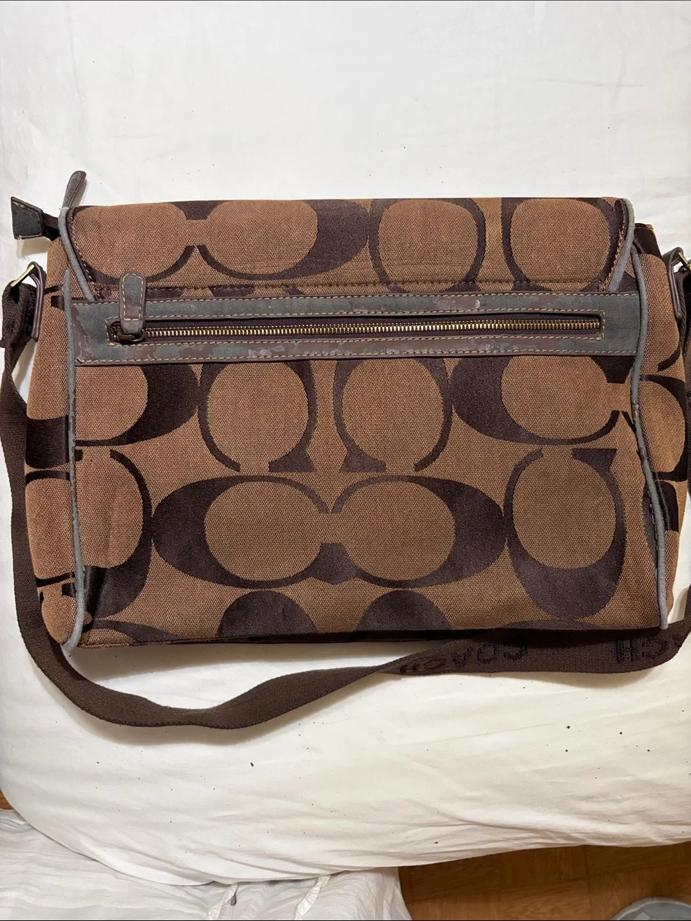 Vintage Coach Brown Signature Canvas Messenger Bag with Dark Brown Strap